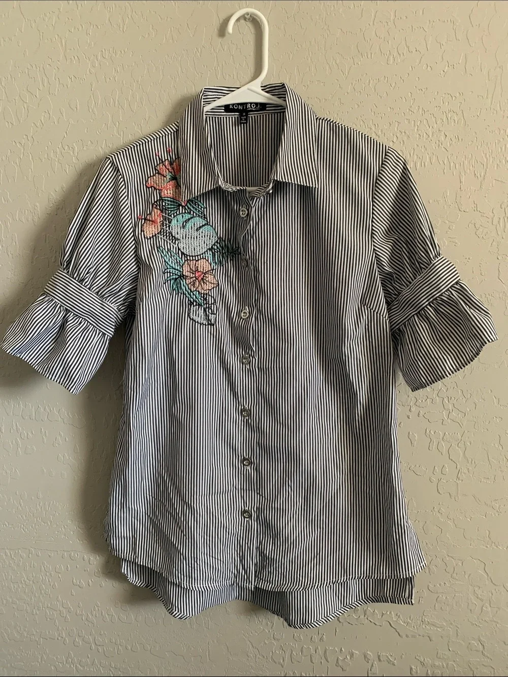 Kontrol Grey & White Striped Button Down Shirt with Floral Embroidery - Picture 1 of 11